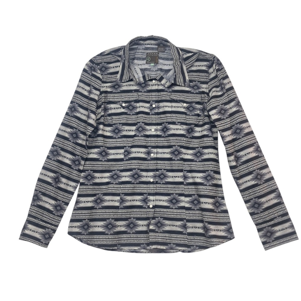 Roper Shirt Womens Small Grey‎ Black Aztec Geometric Pearl Snap Western Cowgirl